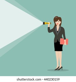 Business woman holding flashlight. vector illustration