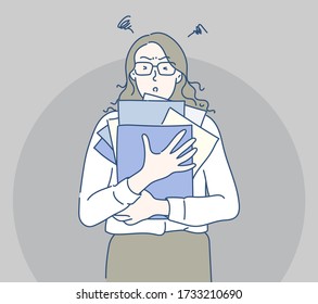 Business woman holding folder and document papers, she busy and work hard. Hand drawn in thin line style, vector illustrations.