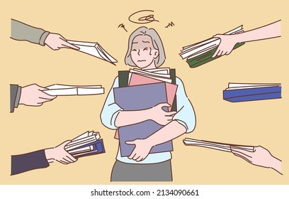Business woman holding folder and document papers, she busy and work hard. Hand drawn in thin line style, vector illustrations.