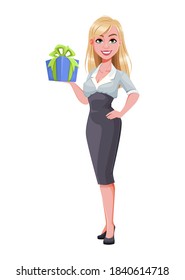 Business woman holding gift box. Beautiful businesswoman cartoon character. Vector illustration on white background