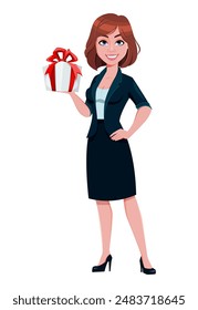 Business woman holding a gift box. Beautiful businesswoman cartoon character, pretty lady