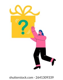 Business woman holding gift box with a question mark. Flat vector illustration isolated on white background 
