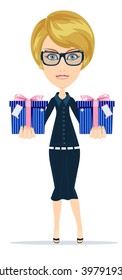 Business woman holding a gifts for you, vector illustration