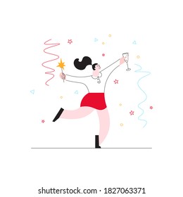Business Woman is Holding a glass of champagne and celebrating success. Concept of Business Woman Winner Success in simple minimalistic line design isolated on white. Flat Art Vector Illustration