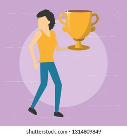 business woman holding gold trophy