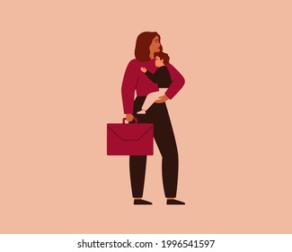 Business Woman Holding Her Baby On One Hand And Briefcase In The Other Hand. Working Mom Has One Child. Concept Of Opportunity On The Work During Motherhood. Vector Illustration