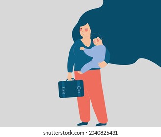 Business woman holding her baby on one hand and briefcase in the other hand. Working mom has one child. Concept of opportunity on the work during motherhood, work-time balance. Vector illustration