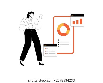 Business woman is holding her smartphone and monitoring her work, next to her is also a large smartphone screen displaying her work analysis.
design, vector, illustration