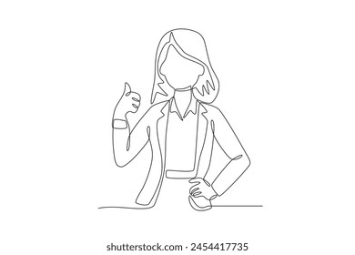 Business woman holding hips and giving thumbs up. Business woman concept one-line drawing