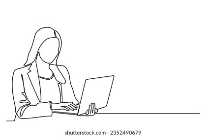 Business woman holding laptop. Continuous line concept. Hand drawn. One line. Vector design. illustration