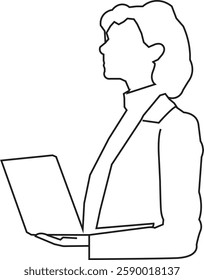 Business woman holding laptop. Continuous line style. Hand drawn. One line. Vector design. illustration