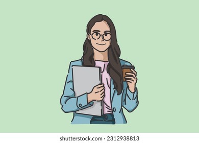 Business woman holding laptop and cup of coffee. business woman.