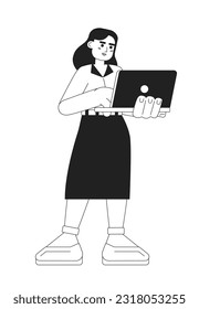 Business woman holding laptop monochromatic flat vector character. Teacher woman with notebook. Editable thin line full body person on white. Simple bw cartoon spot image for web graphic design