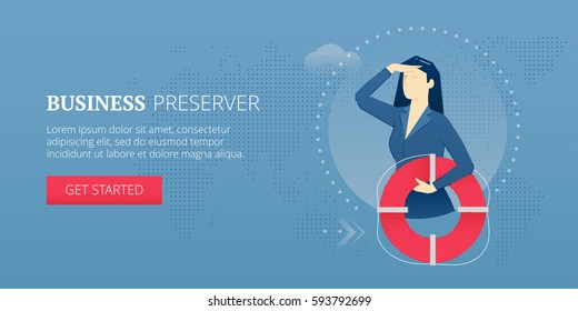 Business woman holding a life preserver and looking forward with the hand on forehead. Vector illustration of company rescue mission. Banner template of business metaphor