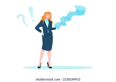 business woman is holding a long list of requirements, check, duties, rules. Financial statements. Vector illustration