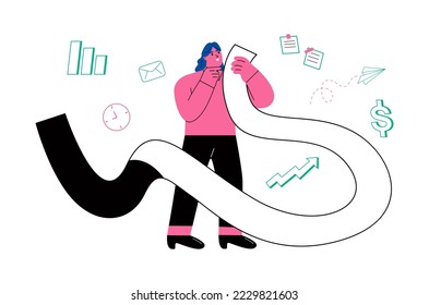 Business woman holding long paper with to do list the element. Flat vector illustration isolated on white background
