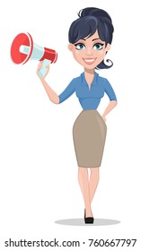 Business woman holding loudspeaker. Beautiful businesswoman in formal clothes standing straight. Cute cartoon character. Vector illustration.