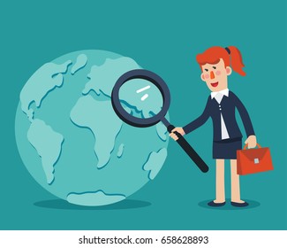 Business woman holding magnifying glass over world map. International collaboration, finding professional employees, new business start-up and business travel vector concept