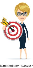 Business woman holding Marketing target with arrow. Arrow hitting the center of target - flat success business concept, vector illustration