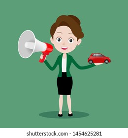 Business woman holding a megaphone and showing car, Cartoon vector illustration