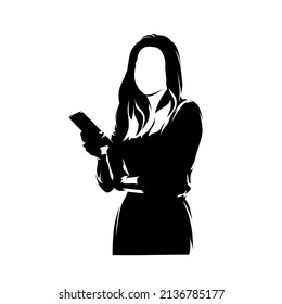 Business woman holding mobile phone in hand, abstract isolated vector sihouette, ink drawing