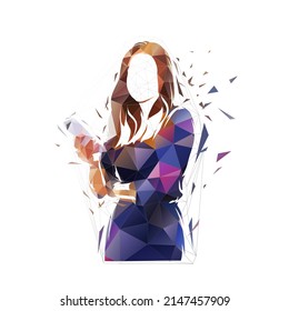 Business woman holding mobile phone in hand, abstract low polygonal isolated vector illustration from triangles