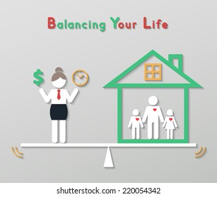 Business Woman Holding Money Dollar Sign And Time Balancing With Family At Home. Idea Balance Your Life Business Concept In Modern Flat Style. Vector