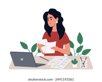 A business woman in holding paper accounting documents sitting at a desk in a modern office indoors. Career achievement concept.