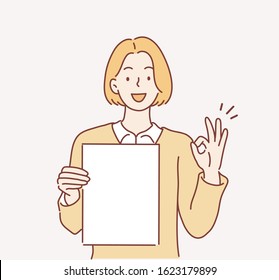 business woman holding papers and showing ok sign. Hand drawn style vector design illustrations.