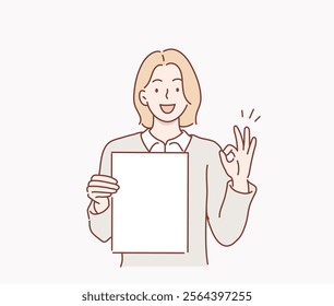 business woman holding papers and showing ok sign. Hand drawn style vector design illustrations.	