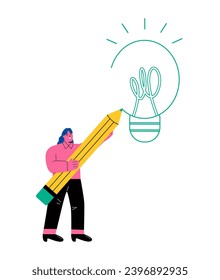 Business woman holding pencil drawing new light bulb. Thinking process concept. Flat vector illustration isolated on white background
