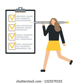 Business woman holding a pencil near the to do list. Flat style modern vector illustration.