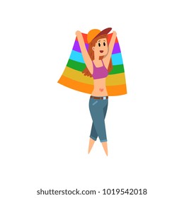 Business woman holding rainbow lgbt flag celebrating gay pride cartoon vector Illustration