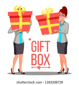 Business Woman Holding Red Gift Box Vetor. Holidays Present Concept. Isolated Illustration
