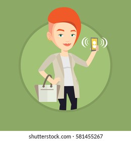 Business woman holding ringing mobile phone. Woman answering a phone call. Business woman standing with ringing phone in hand. Vector flat design illustration in the circle isolated on background.