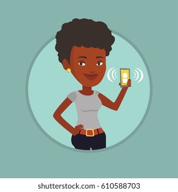 Business woman holding ringing mobile phone. Woman answering a phone call. Business woman standing with ringing phone in hand. Vector flat design illustration in the circle isolated on background.