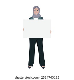 Mujer de negocios sosteniendo mostrando el Anuncio blanco de la tabla. Ilustración de personaje de Vector plano