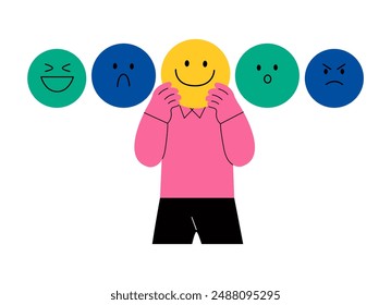 Business woman holding sign of emotion expressing various emotions. Flat vector illustration isolated on white background