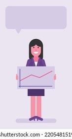 Business Woman Holding Sign With Positive Business Graph. Flat People. Vector Illustration