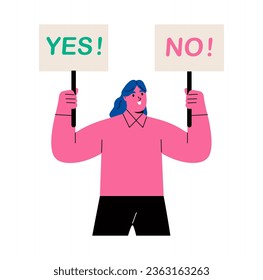 Business woman holding a signs with yes and no. Concept of need to make decisions. Flat vector illustration isolated on white background
