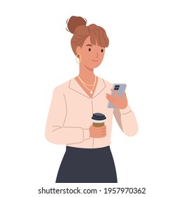 Business woman holding smartphone and takeaway coffee. Communication concept. Communication concept. Vector illustration in a flat style