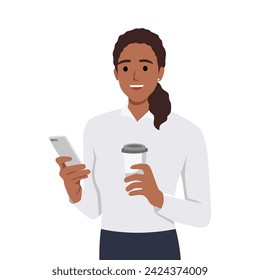 Business woman holding smartphone and takeaway coffee. Communication concept. Communication concept. Flat vector illustration isolated on white background