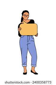 Business woman holding speech bubble sign vector.