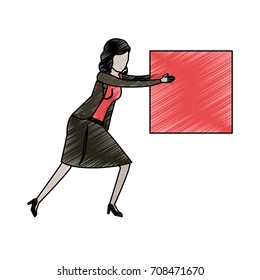 business woman holding a square block in pencils colored silhouette vector illustration