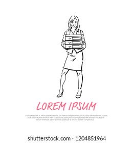 business woman holding stack of folders concept businesswoman full length on white background hand draw silhouette sketch