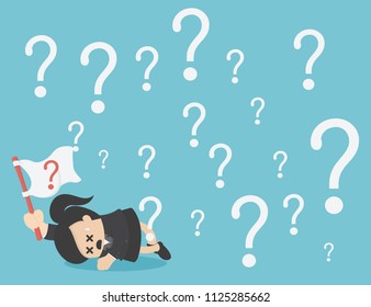 Business Woman holding stick with a white flag with question mark on background