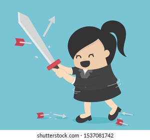 business woman holding sword to protecting arrow 
