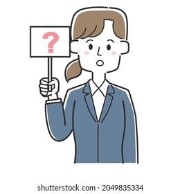 Business woman holding a tag with question mark on it