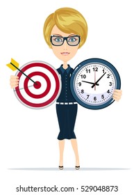 Business woman holding target and time clock. Stock vector illustration