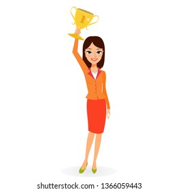 Business woman holding up a trophy cup. Women professional leadership and triumph concept. Flat vector cartoon character of successful young girl holding gold reward isolated on white background